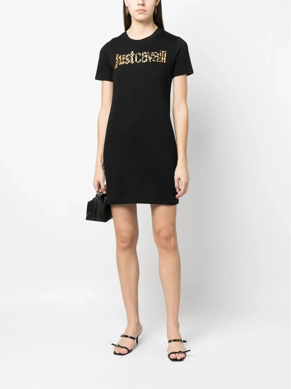 Just Cavalli アニマルプリント ロゴ Tシャツドレス（ブラック） - 画像2