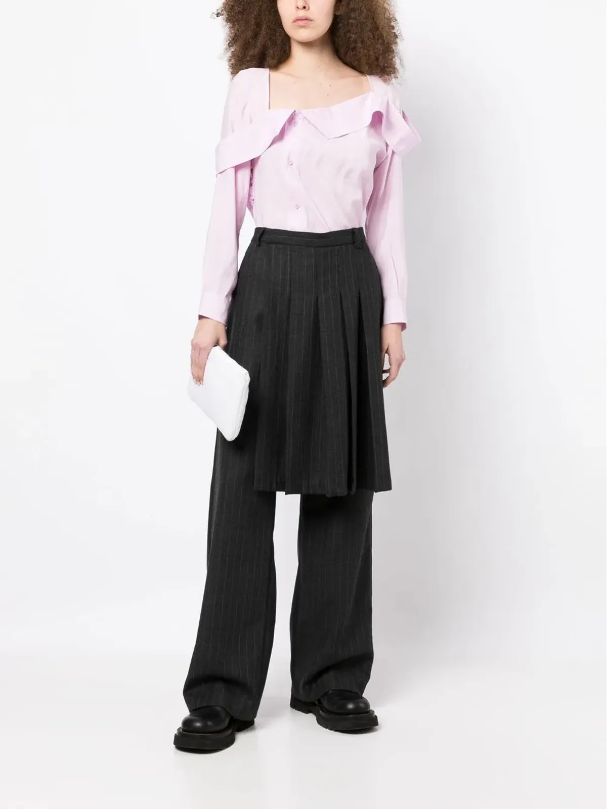 pushBUTTON アシンメトリックネック ボタンアップシャツ - 画像2