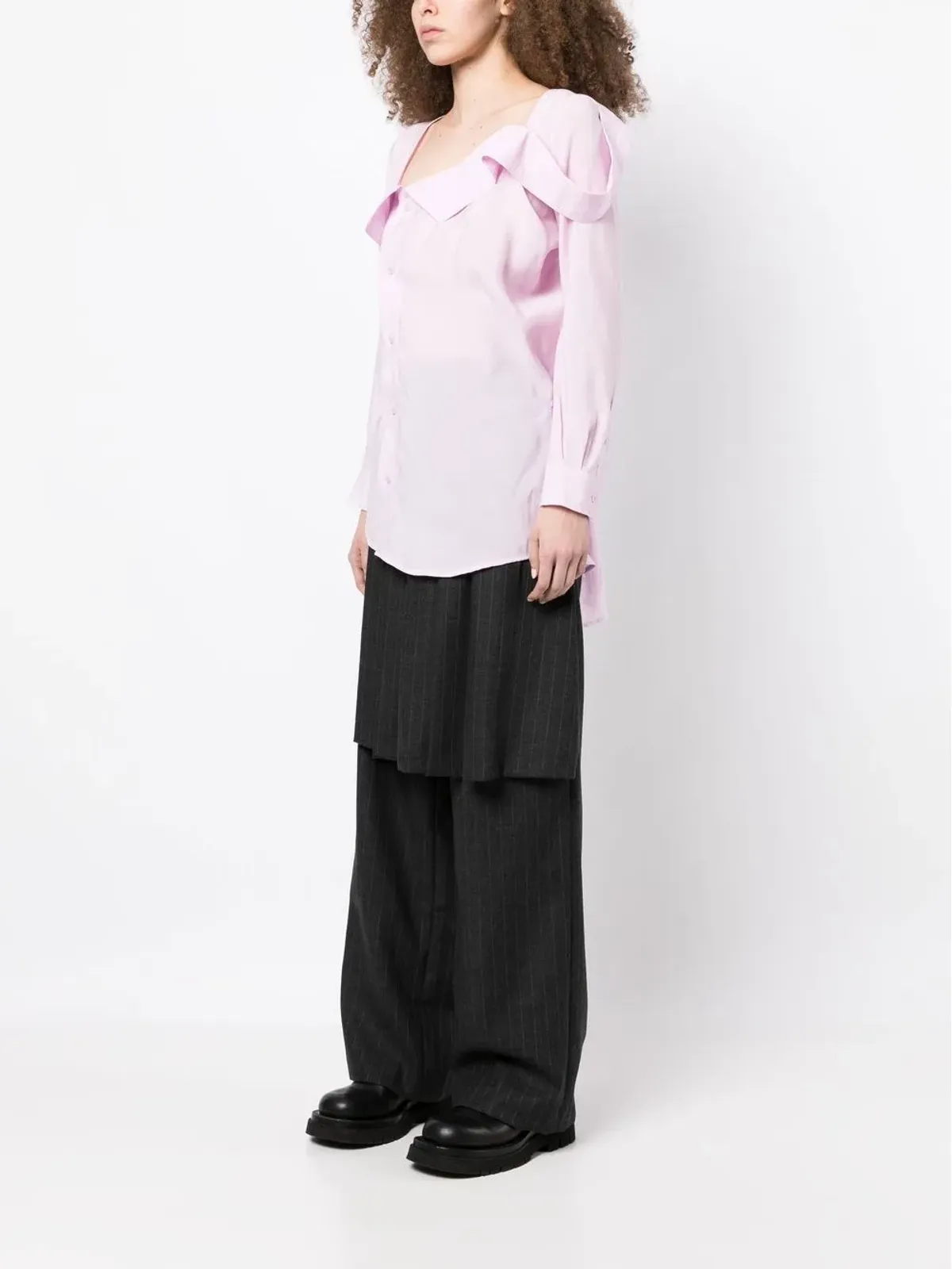 pushBUTTON アシンメトリックネック ボタンアップシャツ - 画像3
