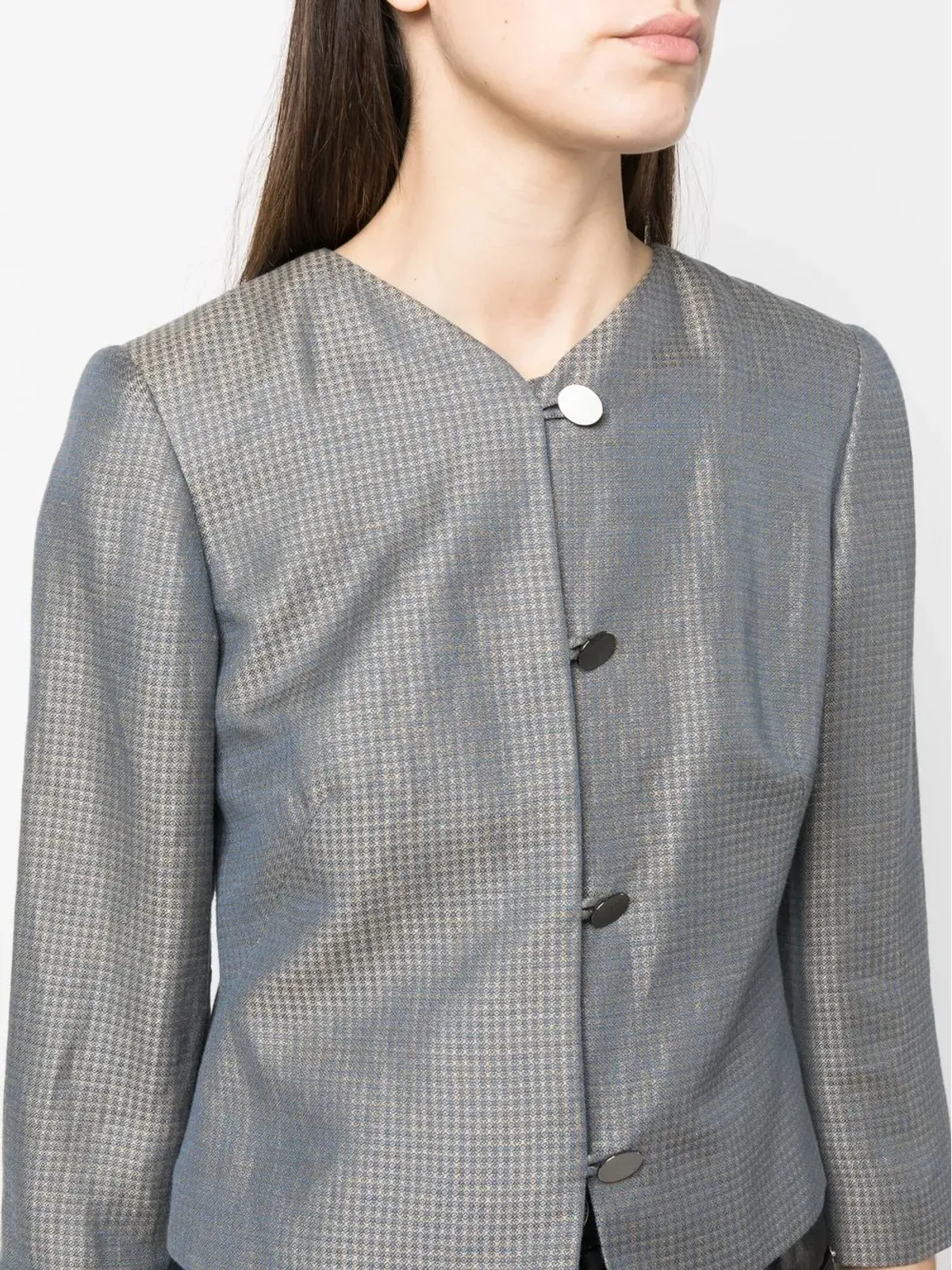 Giorgio Armani Pre-Owned ノーカラー チェック柄ジャケット ブルー - 画像5