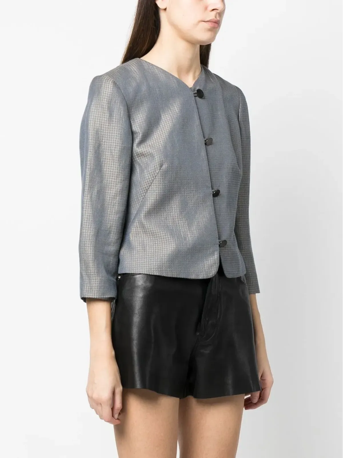 Giorgio Armani Pre-Owned ノーカラー チェック柄ジャケット ブルー - 画像3