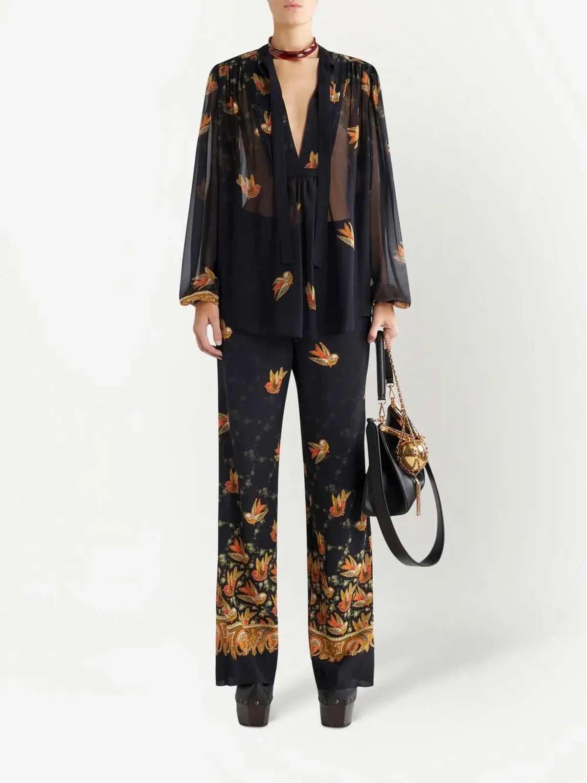 ETRO シルク ペイズリープリント ストレートパンツ - ブラック - 画像2