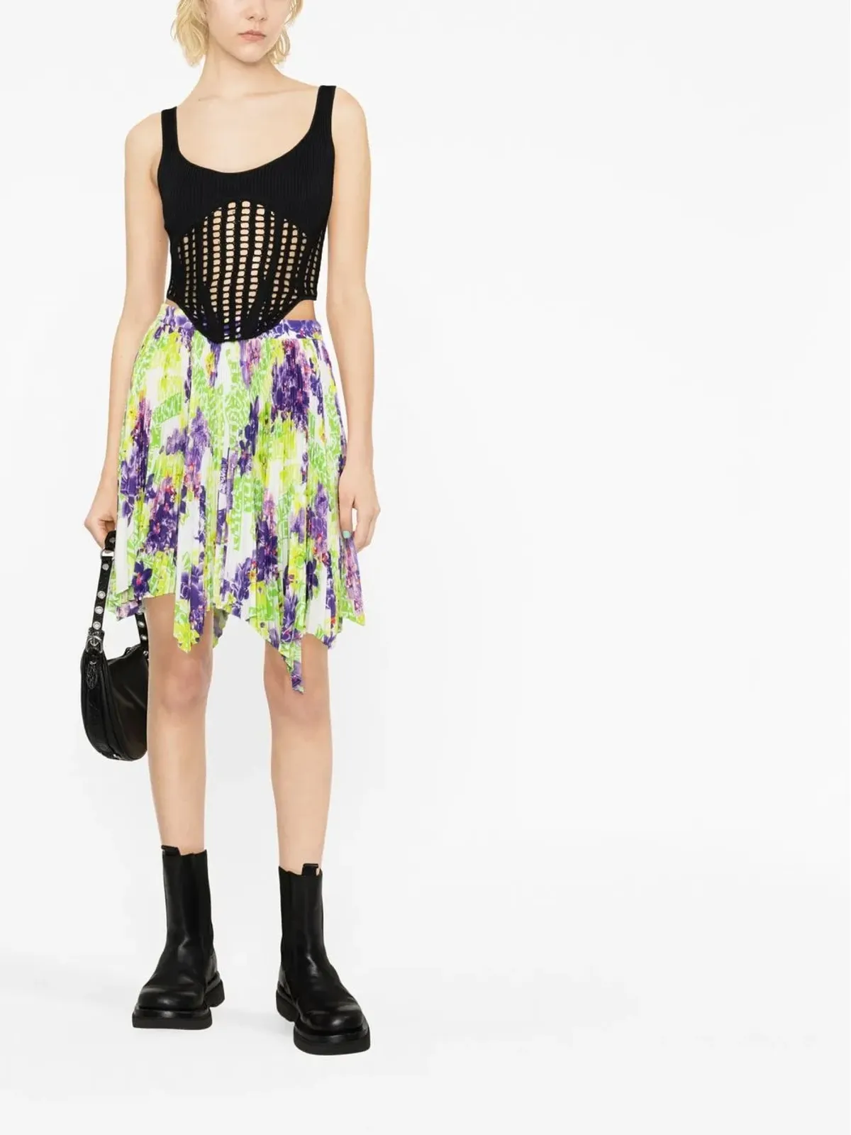 Versace ロゴ オーキッド柄プリーツアシンメトリースカート - グリーン - 画像2