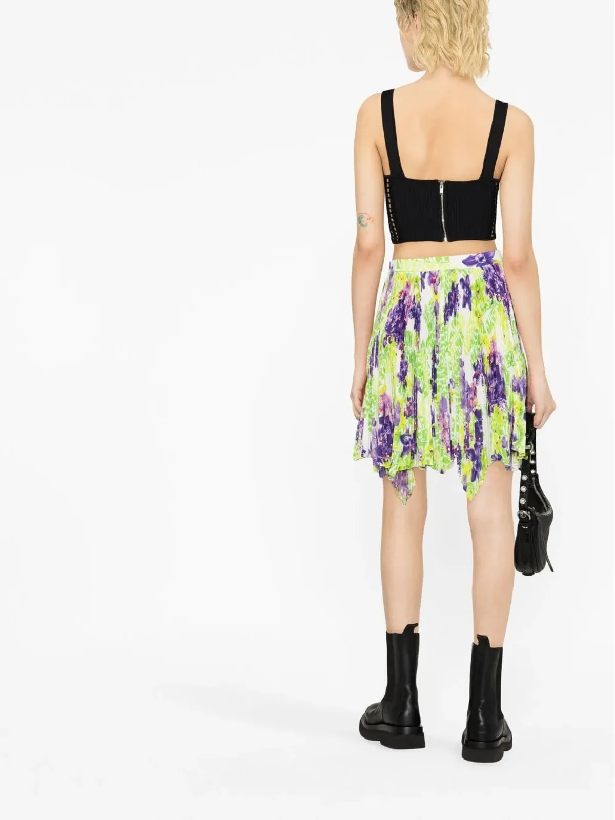 Versace ロゴ オーキッド柄プリーツアシンメトリースカート - グリーン - 画像3
