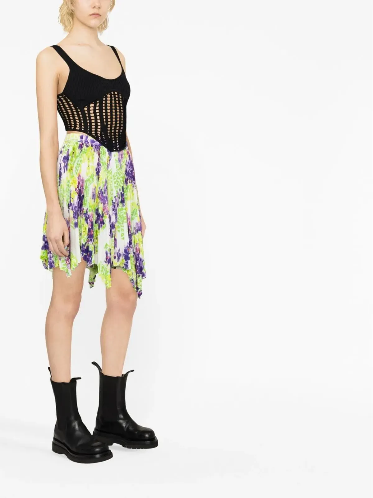 Versace ロゴ オーキッド柄プリーツアシンメトリースカート - グリーン - 画像4