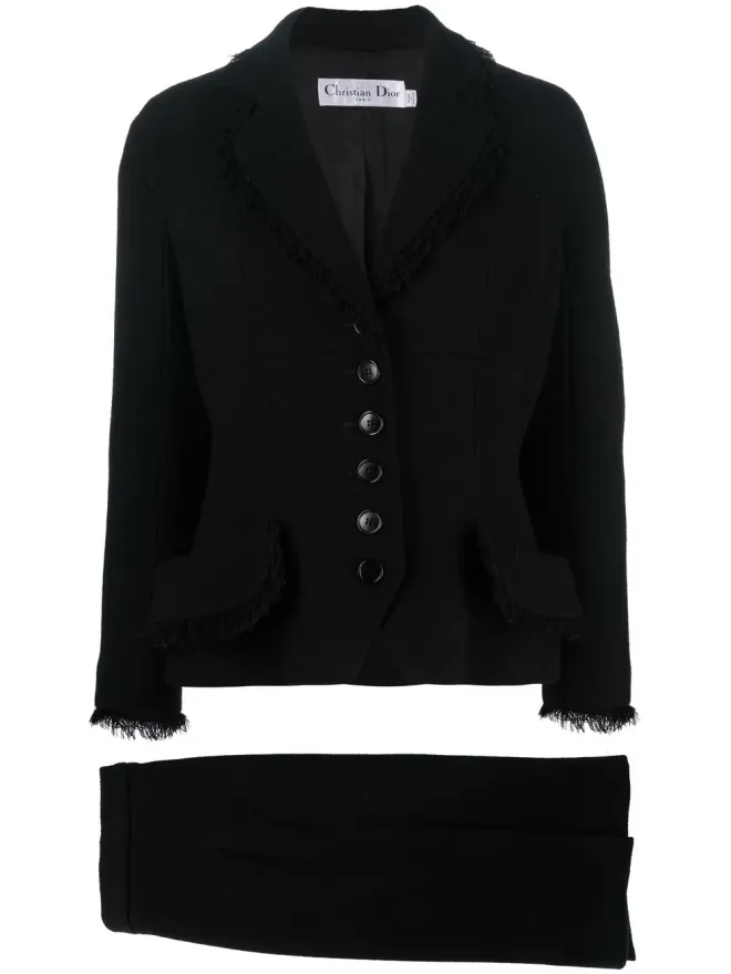 Christian Dior Pre-Owned Christian Dior Vintage frayed edge wool skirt suit - Blackの商品画像
