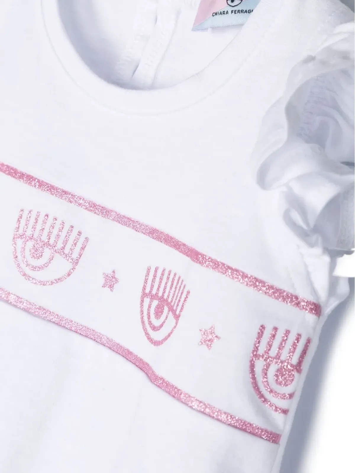 Chiara Ferragni Kids アイライクプリント・フリルTシャツ（ホワイト） - 画像3
