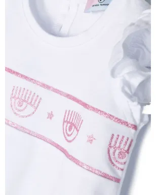 Chiara Ferragni Kids アイライクプリント・フリルTシャツ（ホワイト） - サムネイル3