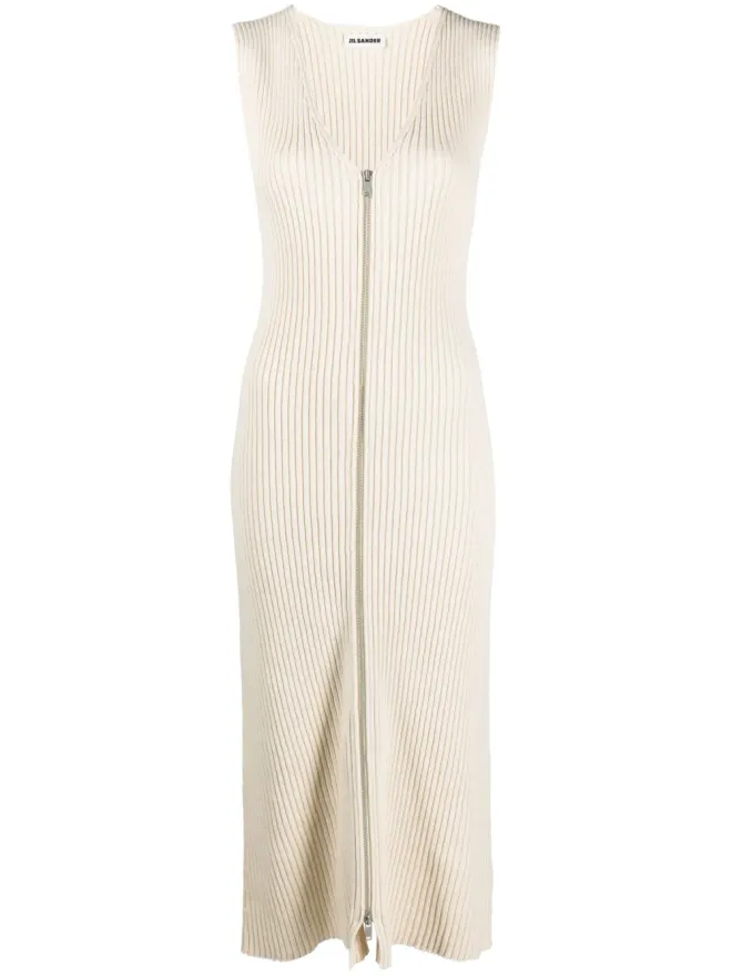 Jil Sander Jil Sander Vネックリブニット ミディドレス - Neutralsの商品画像
