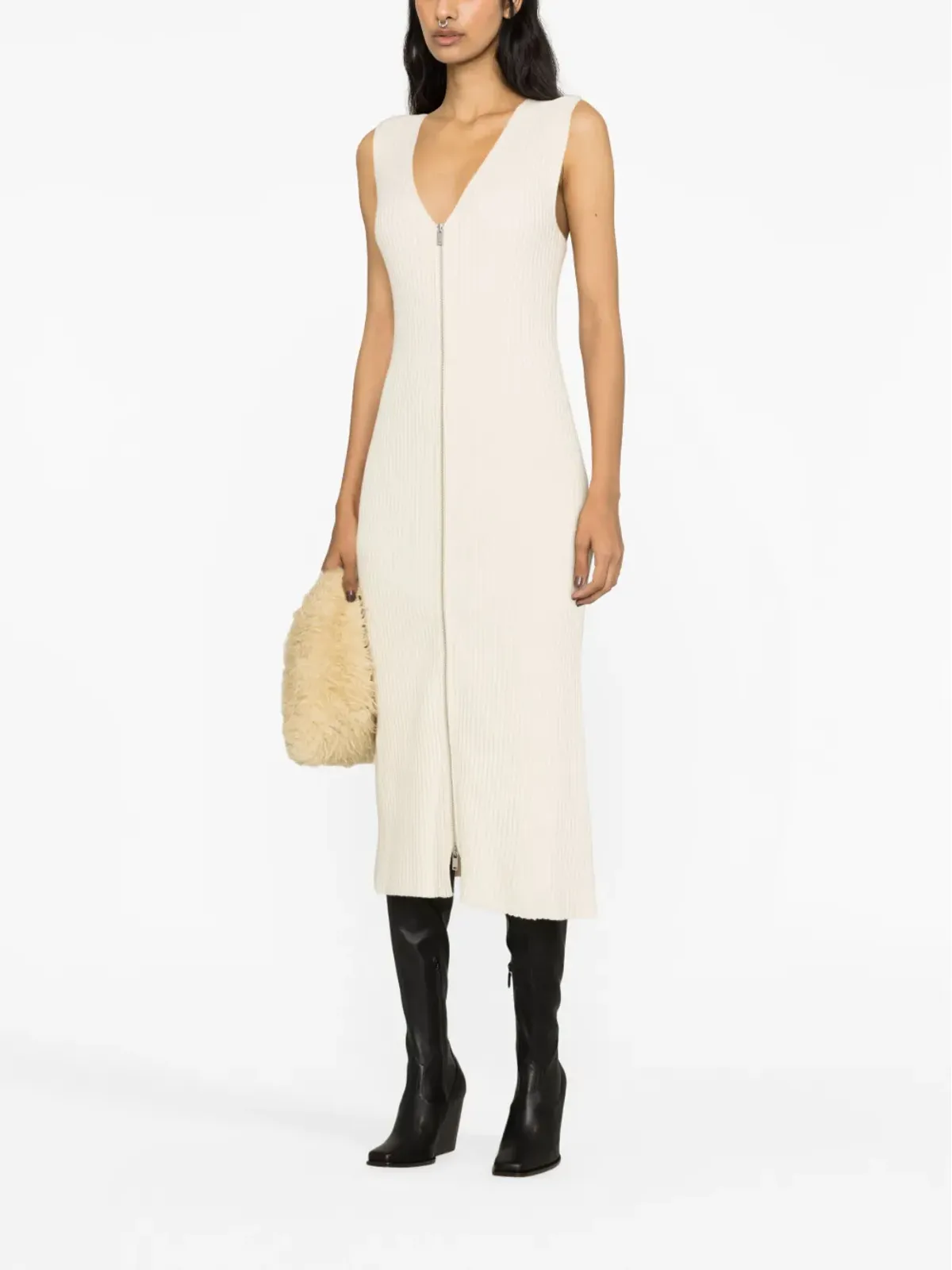 Jil Sander Vネックリブニット ミディドレス - Neutrals - 画像2