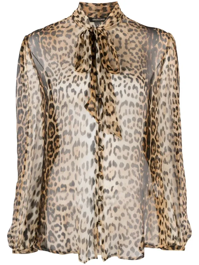 Roberto Cavalli Roberto Cavalli レオパード柄シアー プッシーボウ ブラウスの商品画像