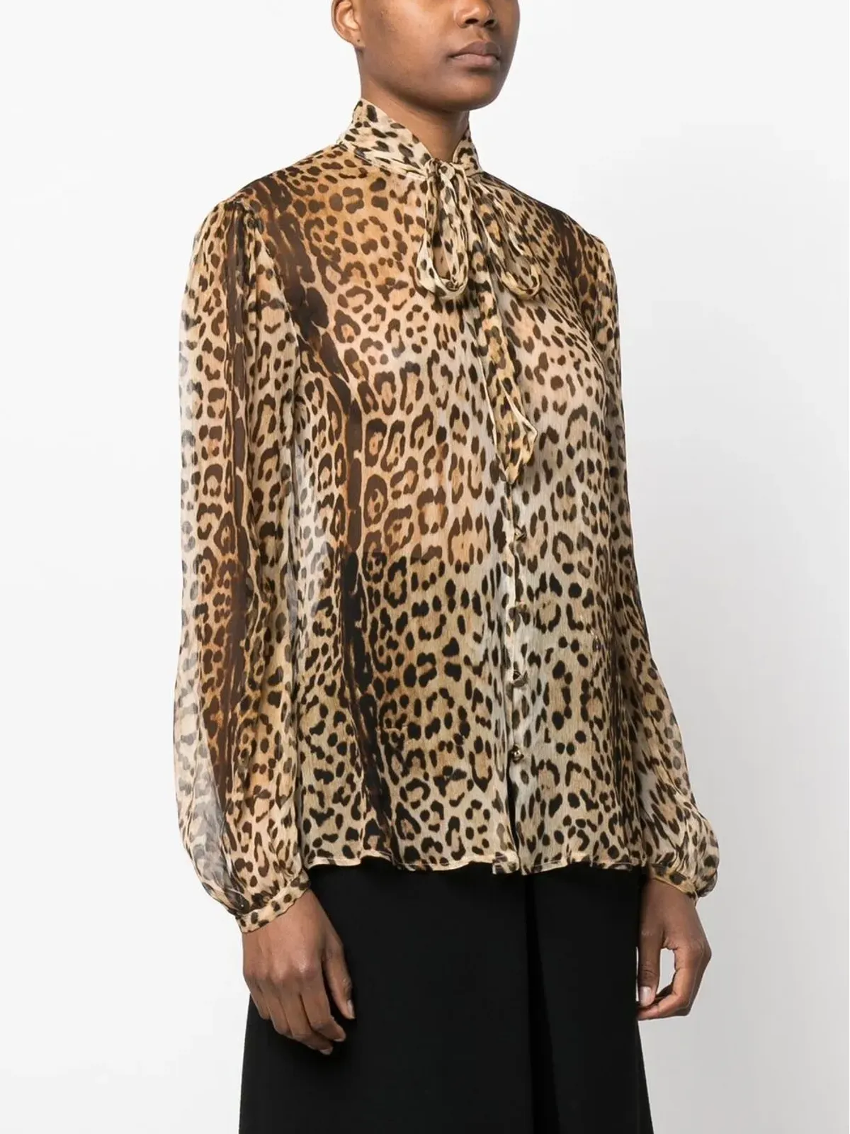 Roberto Cavalli レオパード柄シアー プッシーボウ ブラウス - 画像3