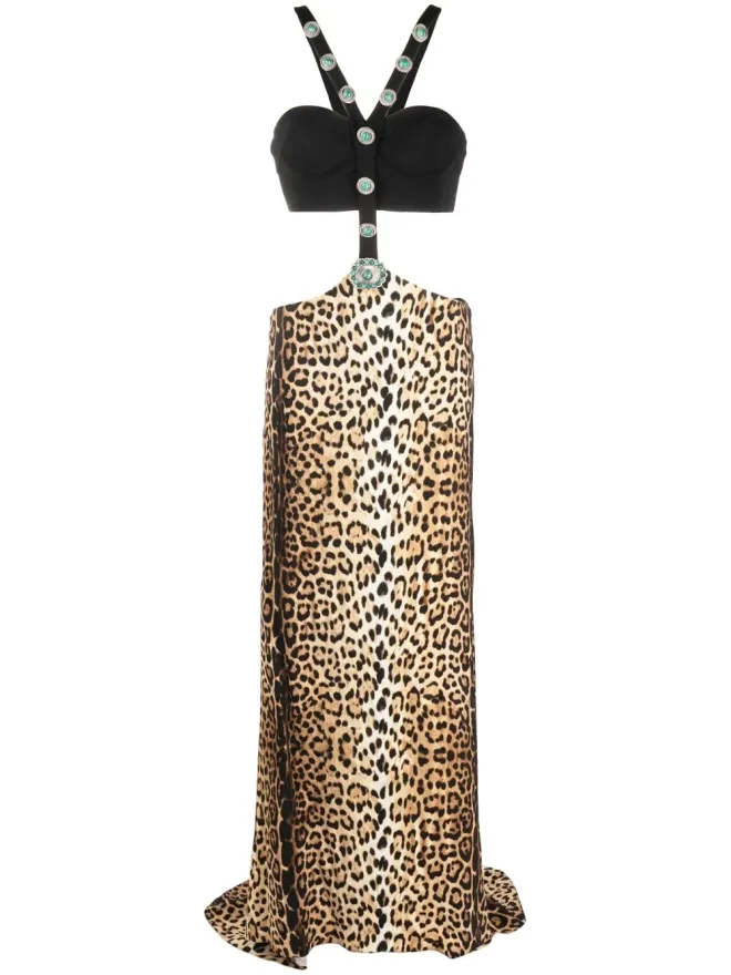 Roberto Cavalli Roberto Cavalli レオパード柄パネルドマキシドレスの商品画像