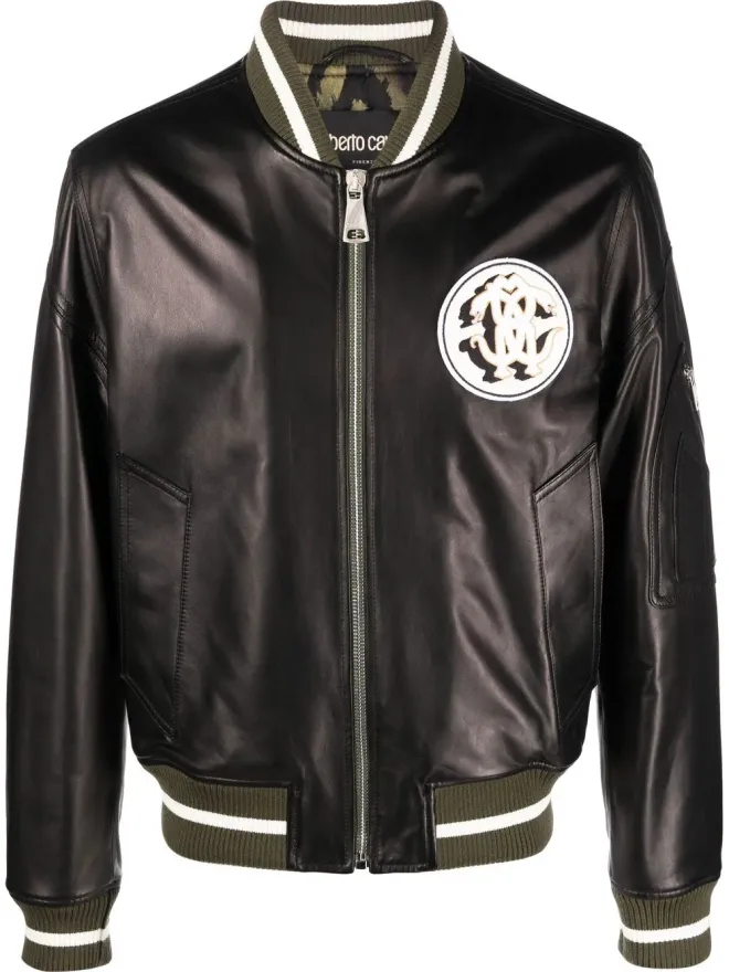 Roberto Cavalli Roberto Cavalli レザー モノグラムパッチ ボンバージャケット - ブラックの商品画像