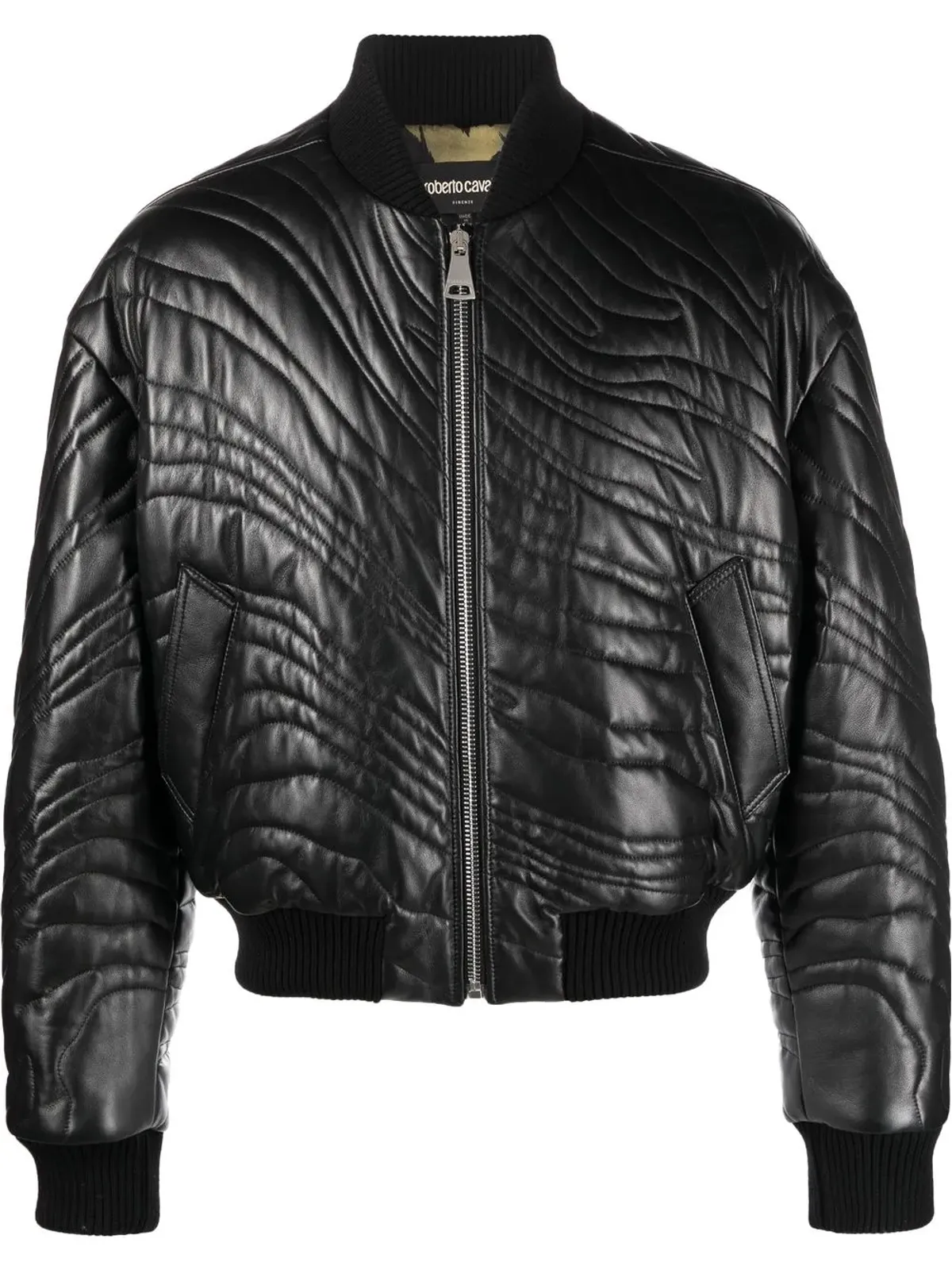 Roberto Cavalli ストライプキルティングレザーボンバージャケット - ブラック - 画像1