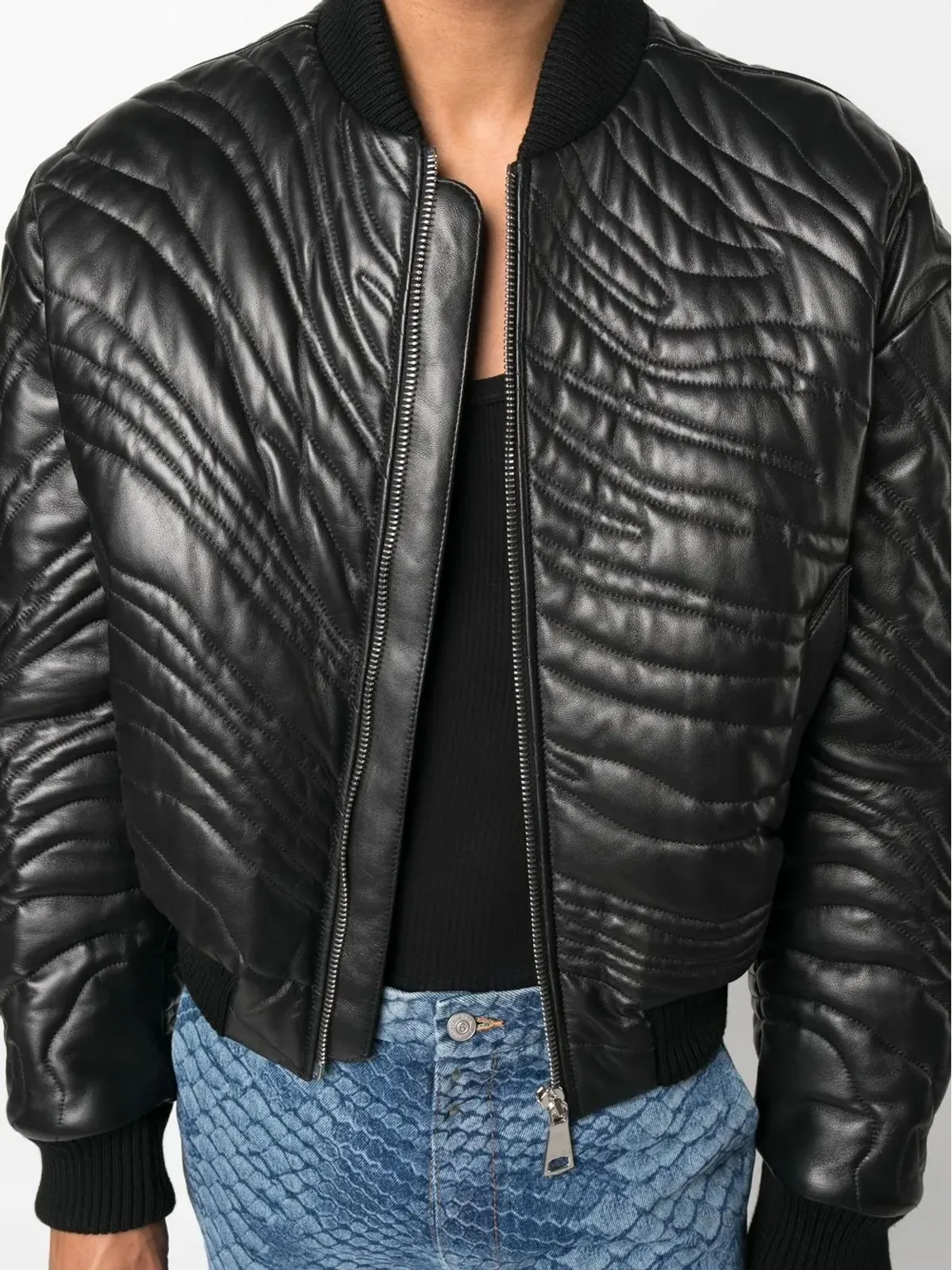 Roberto Cavalli ストライプキルティングレザーボンバージャケット - ブラック - 画像5