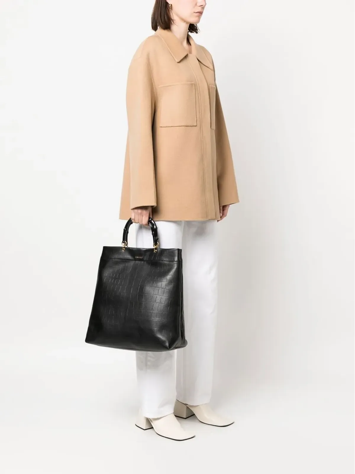 Jil Sander バンブーハンドル エンボス加工 トートバッグ ブラック - 画像2
