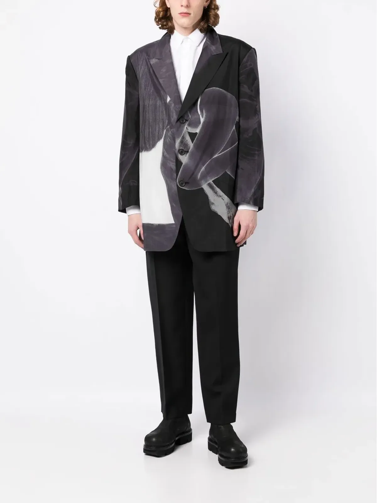Yohji Yamamoto グラフィックプリント シングルブレスト ブレザー（グレー） - 画像2