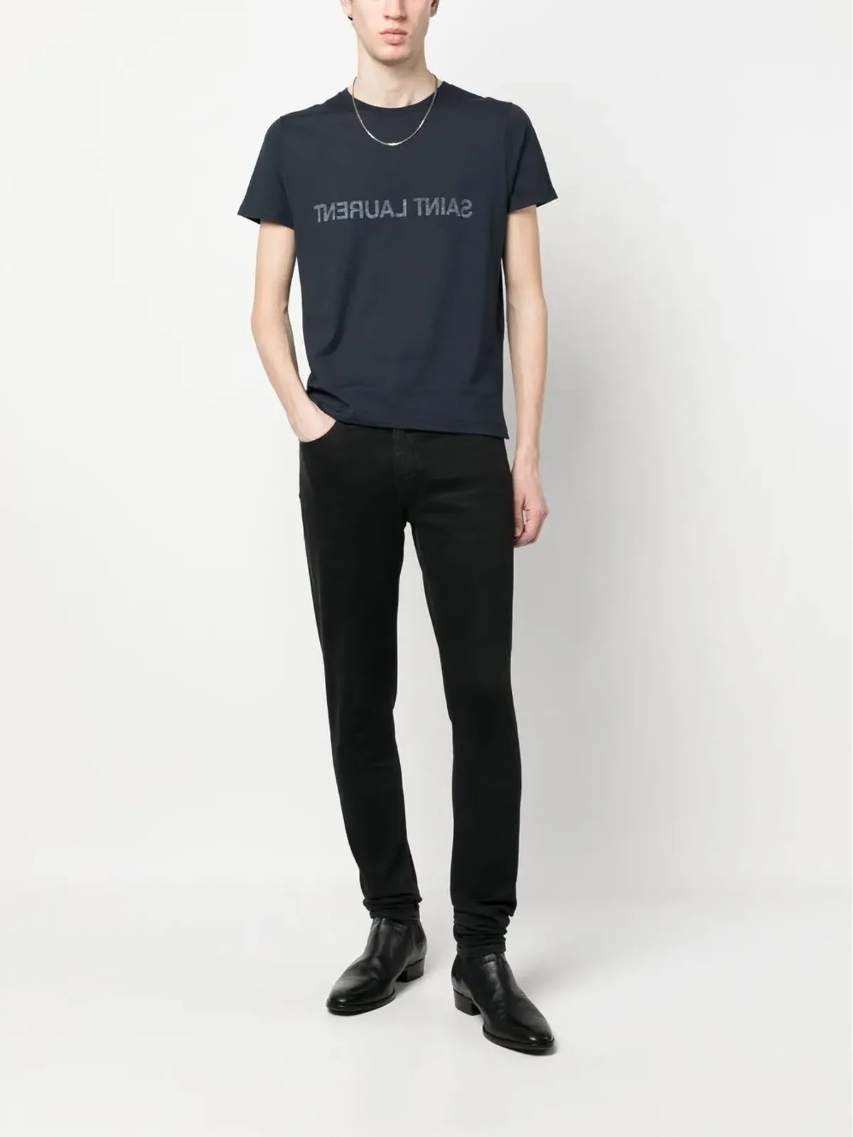 Saint Laurent リバースロゴプリント コットンTシャツ - ブルー - 画像2
