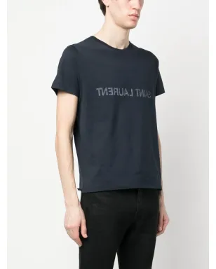 Saint Laurent リバースロゴプリント コットンTシャツ - ブルー - サムネイル3