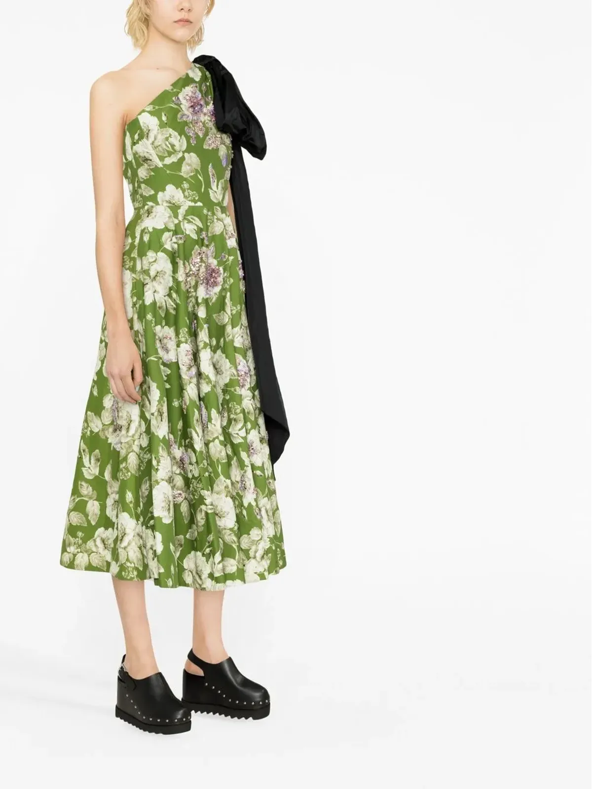 ERDEM アシンメトリック・フローラルプリント・ミディドレス グリーン - 画像3