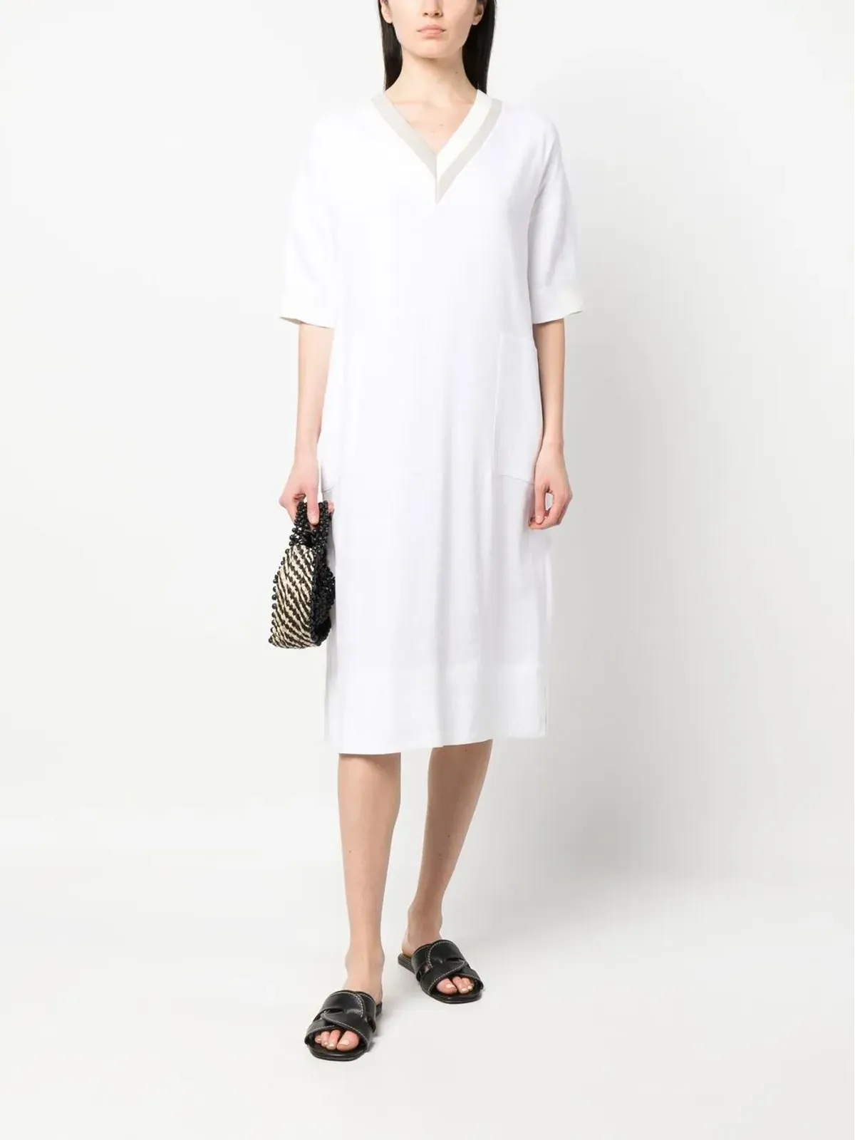 Lorena Antoniazzi V-neck linen-blend midi dress - White - 画像2