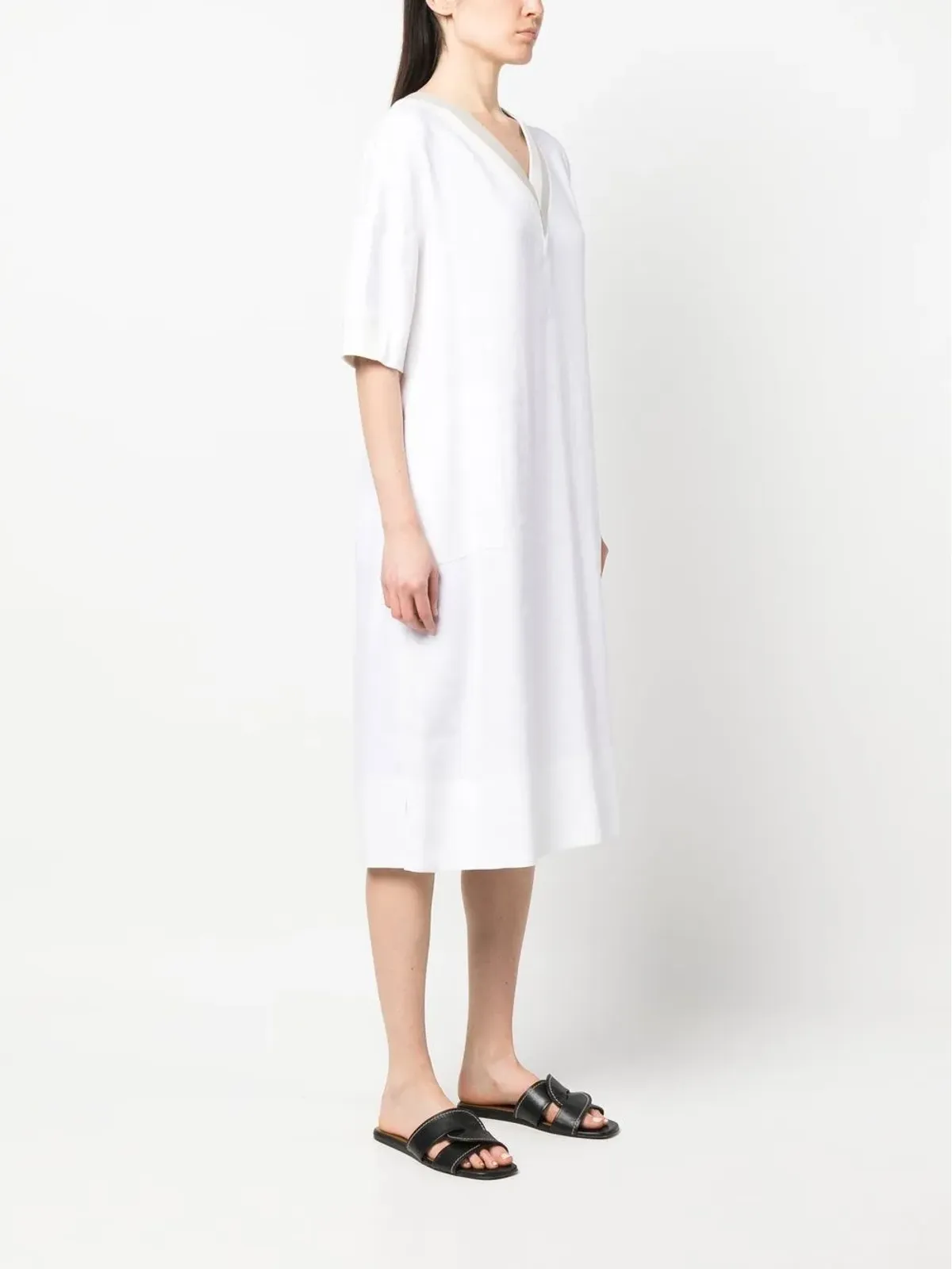 Lorena Antoniazzi V-neck linen-blend midi dress - White - 画像3