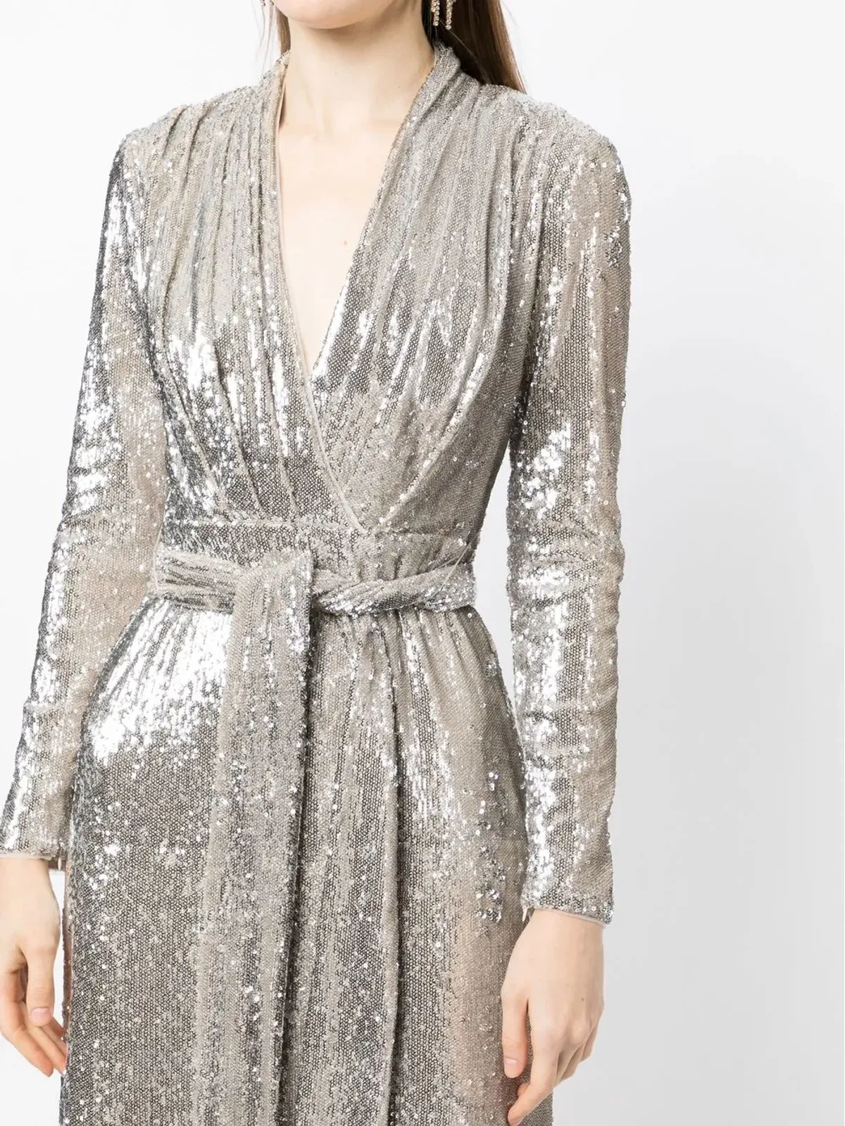 Badgley Mischka プランジVネック・スパンコール付きカラムドレス - シルバー - 画像5