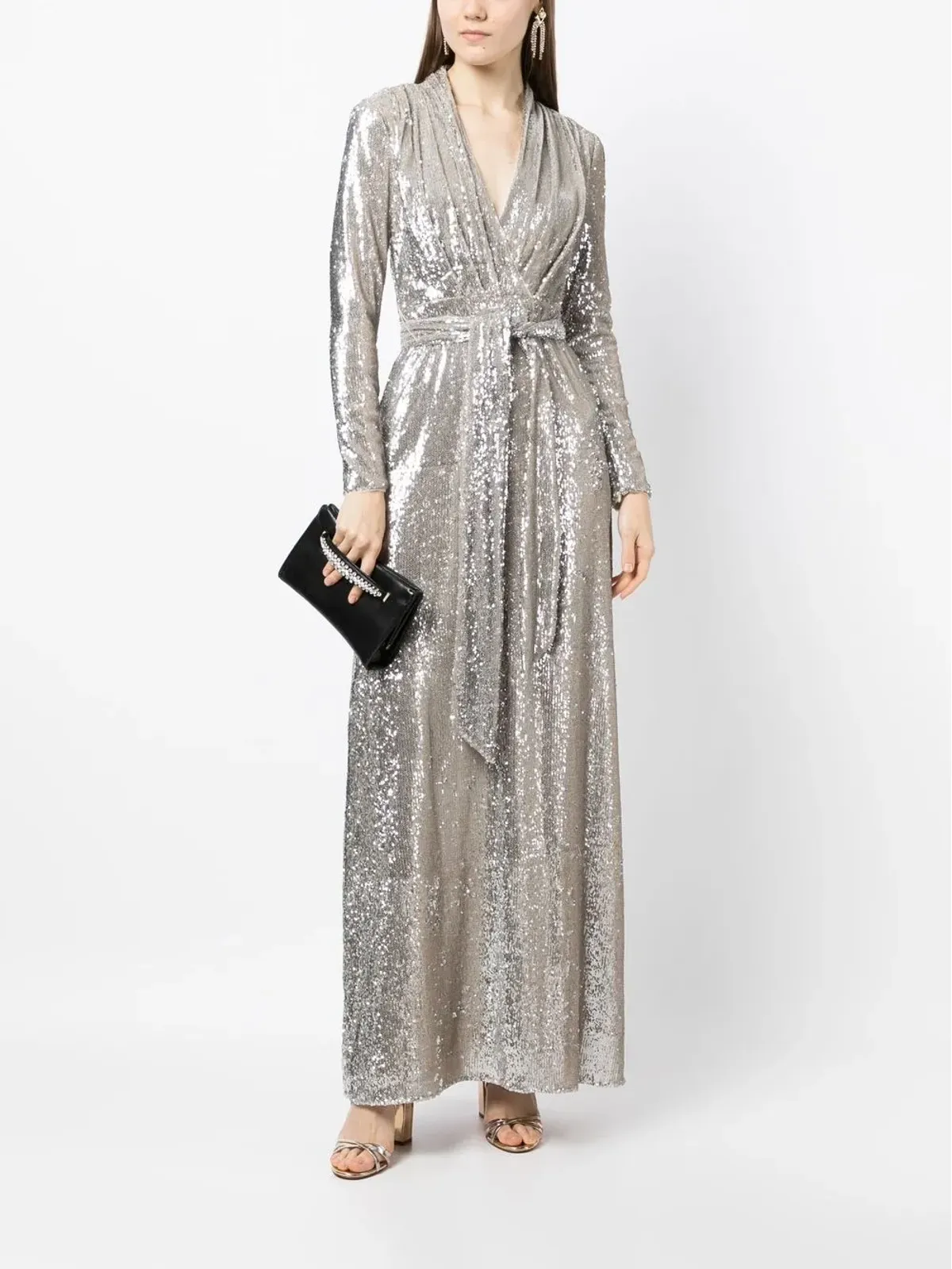 Badgley Mischka プランジVネック・スパンコール付きカラムドレス - シルバー - 画像2