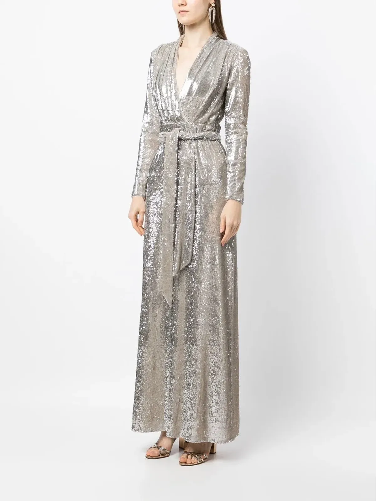 Badgley Mischka プランジVネック・スパンコール付きカラムドレス - シルバー - 画像3