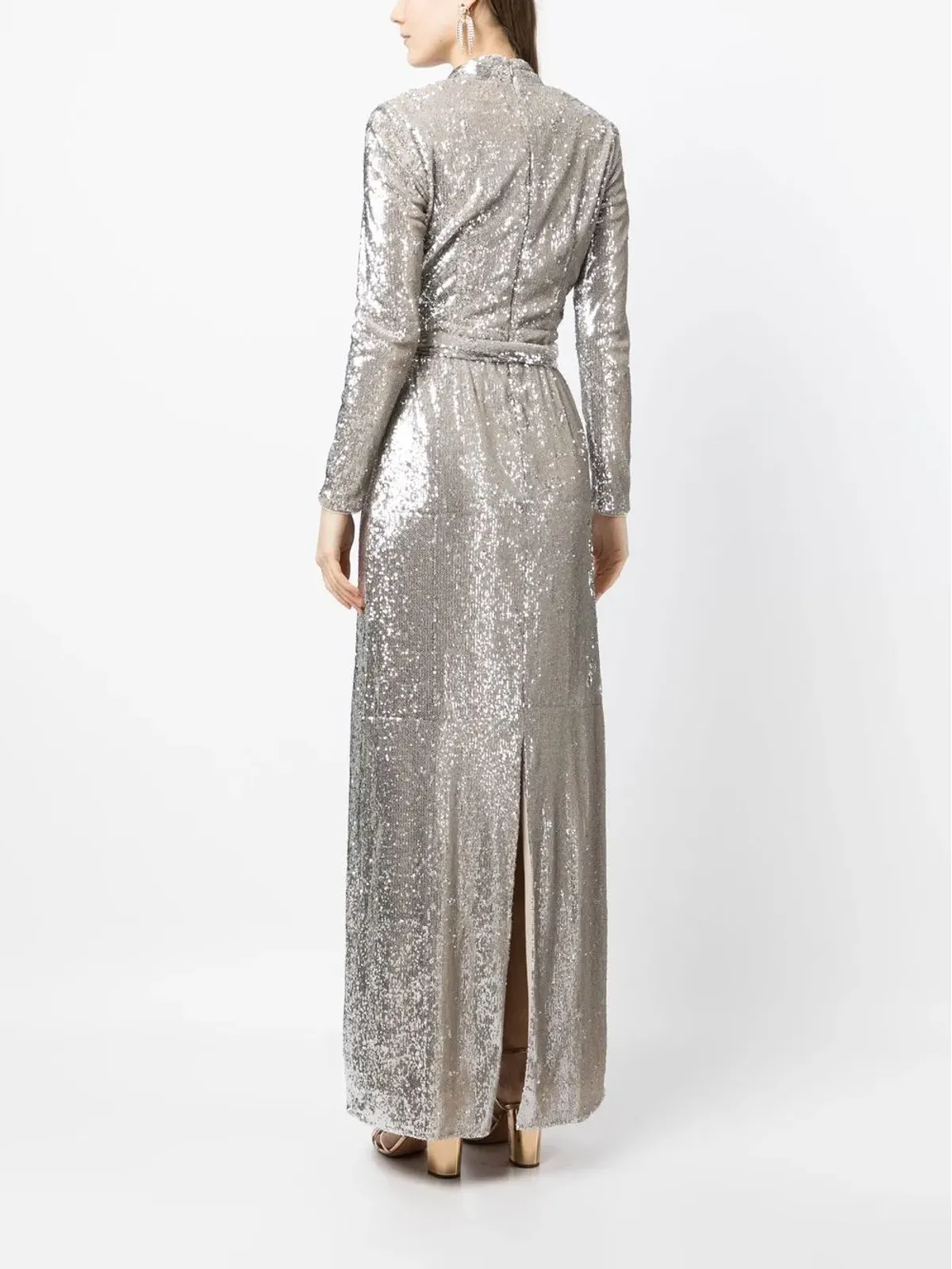 Badgley Mischka プランジVネック・スパンコール付きカラムドレス - シルバー - 画像4