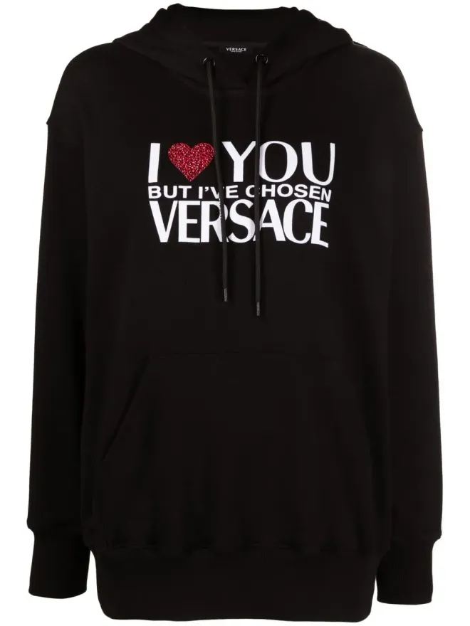 VERSACE Versace クリスタル装飾スローガンフーディ ブラックの商品画像