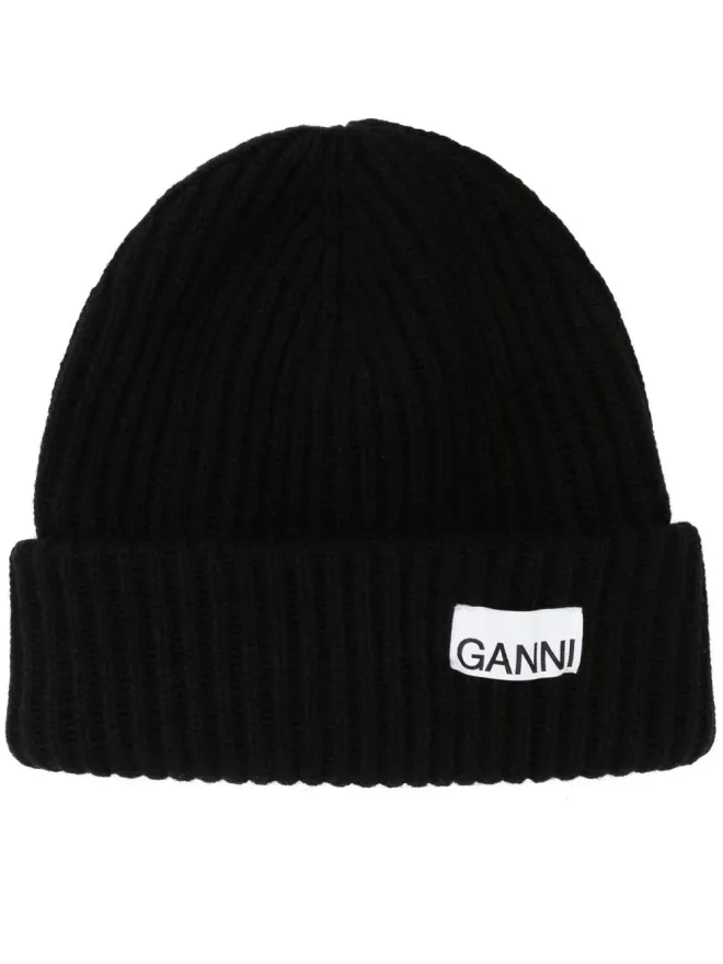 Ganni GANNI ロゴパッチ付きリブニットビーニーの商品画像
