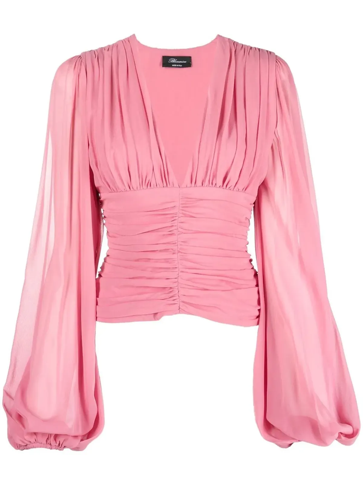 Blumarine ピンクのVネック・シャーリング入りシルクブラウス - 画像1