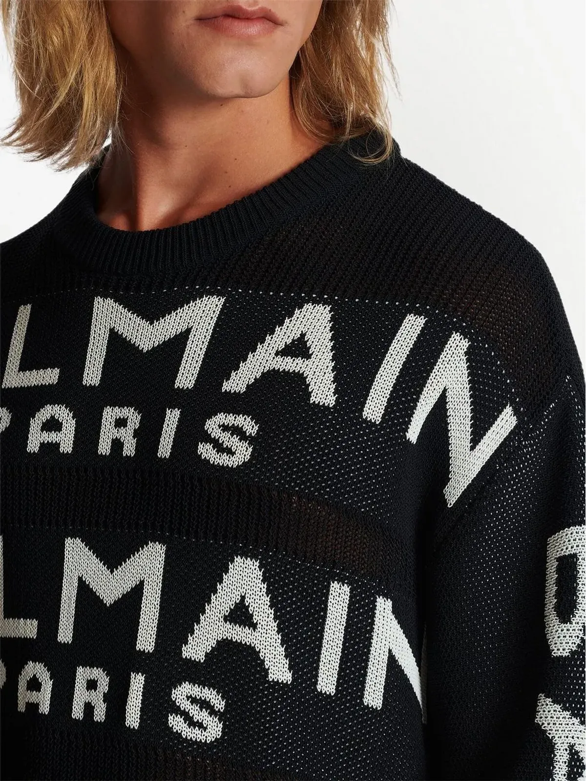 Balmain ロゴ入りインターシャ編みニットセーター ブラック - 画像5