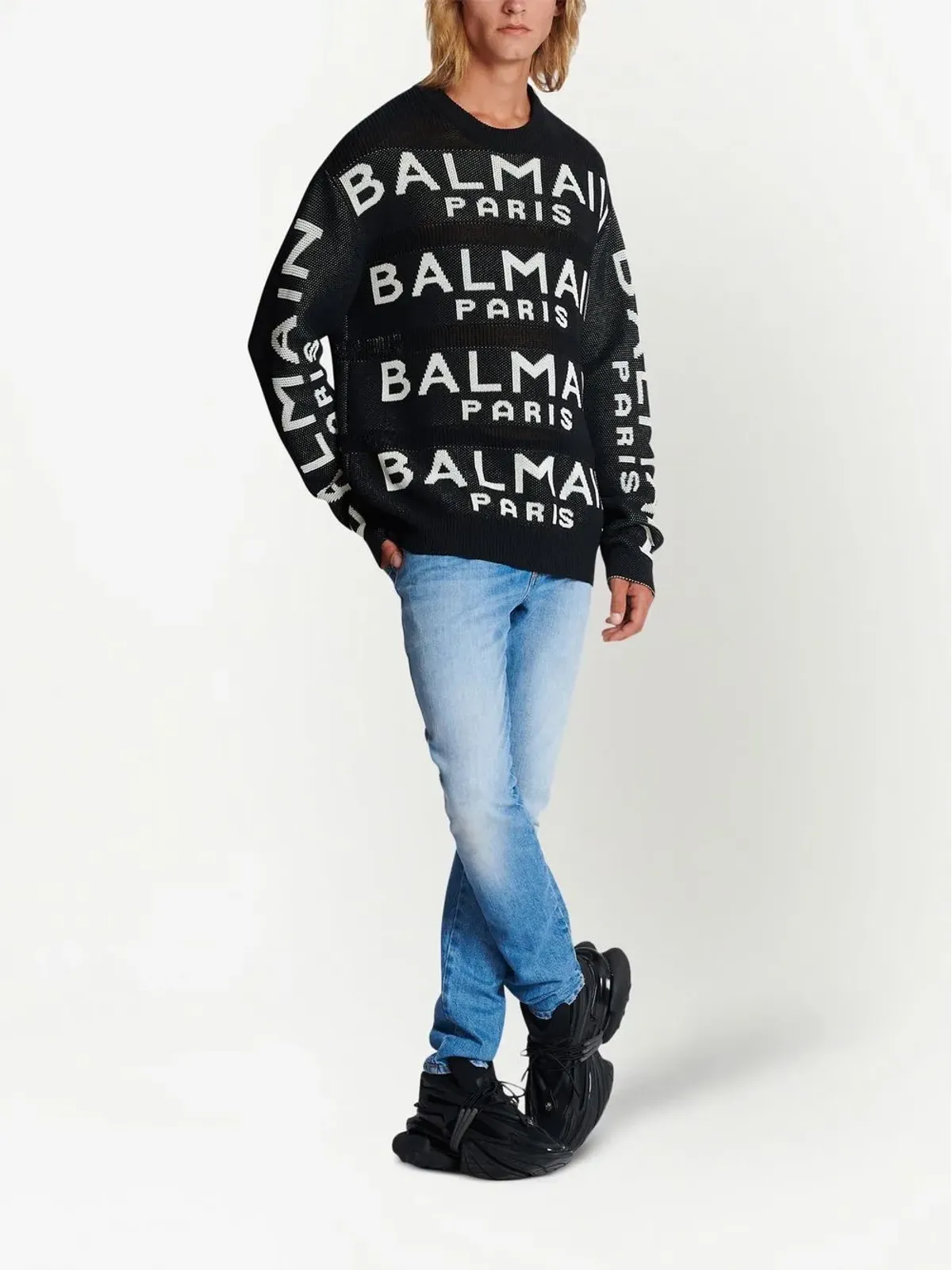 Balmain ロゴ入りインターシャ編みニットセーター ブラック - 画像2