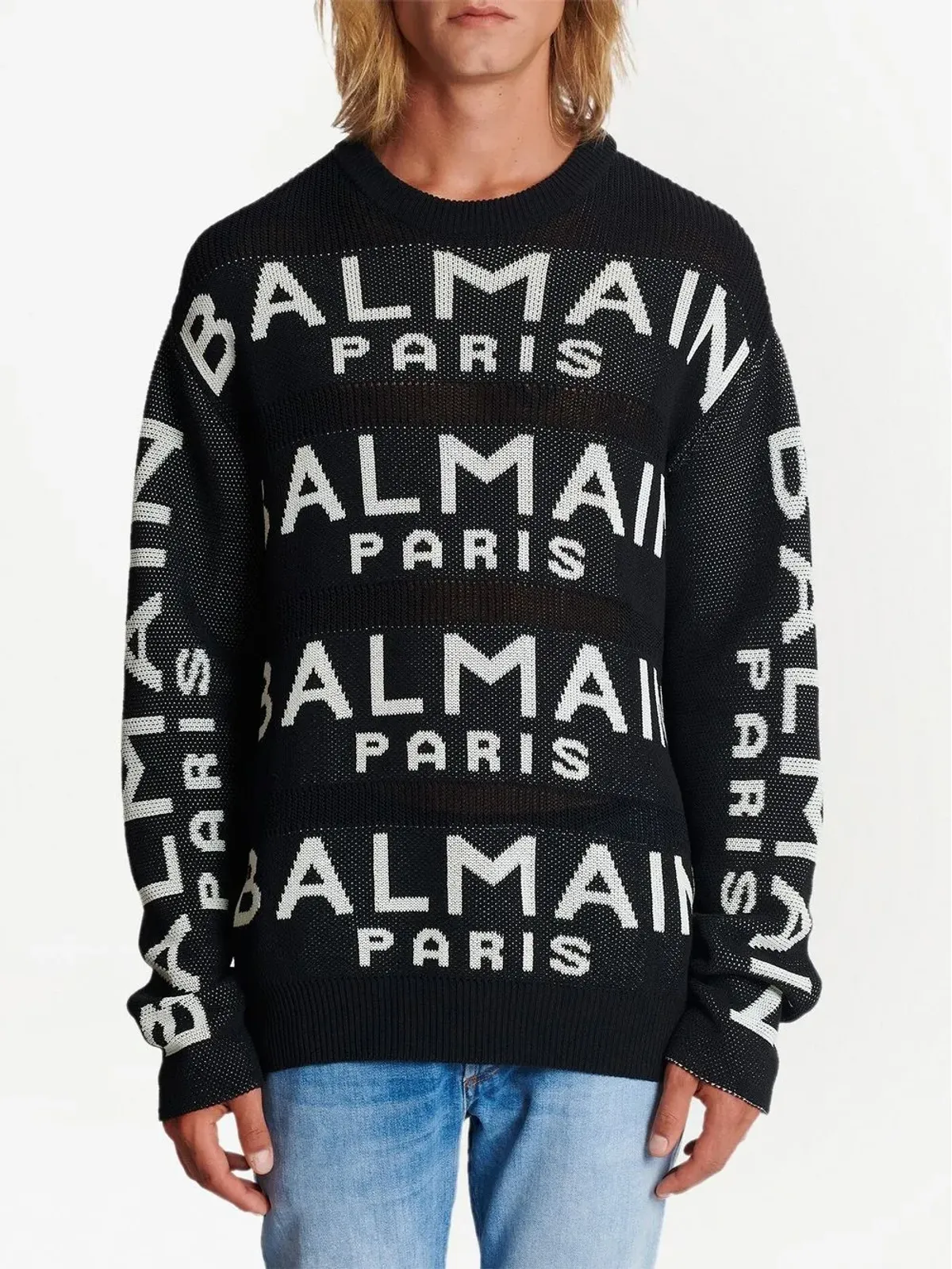 Balmain ロゴ入りインターシャ編みニットセーター ブラック - 画像3