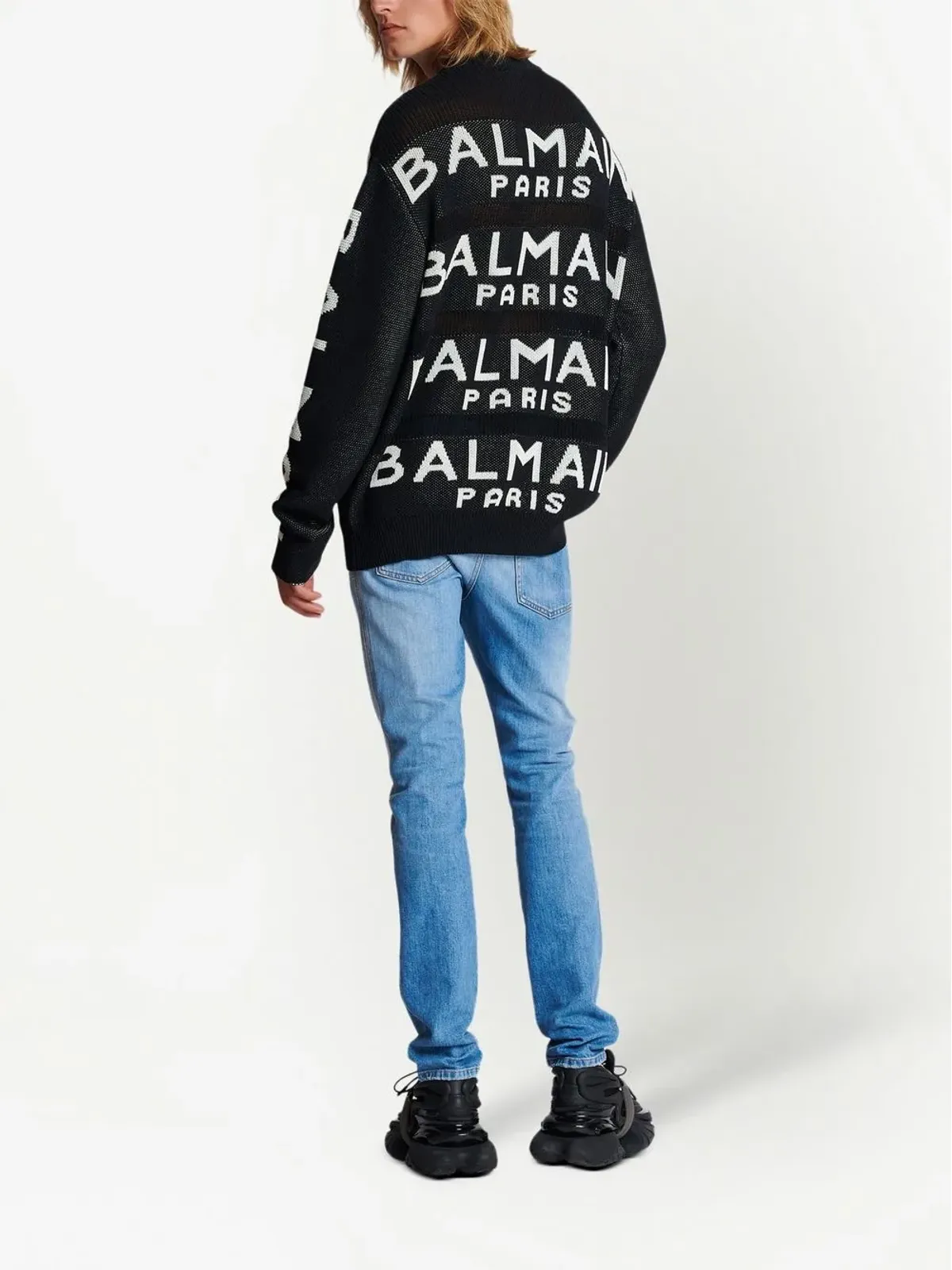Balmain ロゴ入りインターシャ編みニットセーター ブラック - 画像4