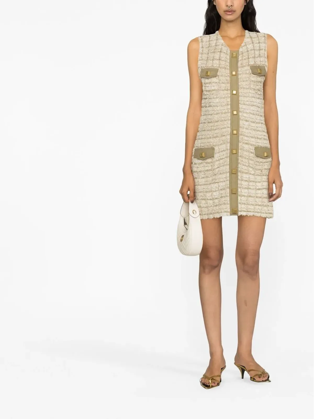 Balmain ベージュのツイード ノースリーブ ドレス - 画像4