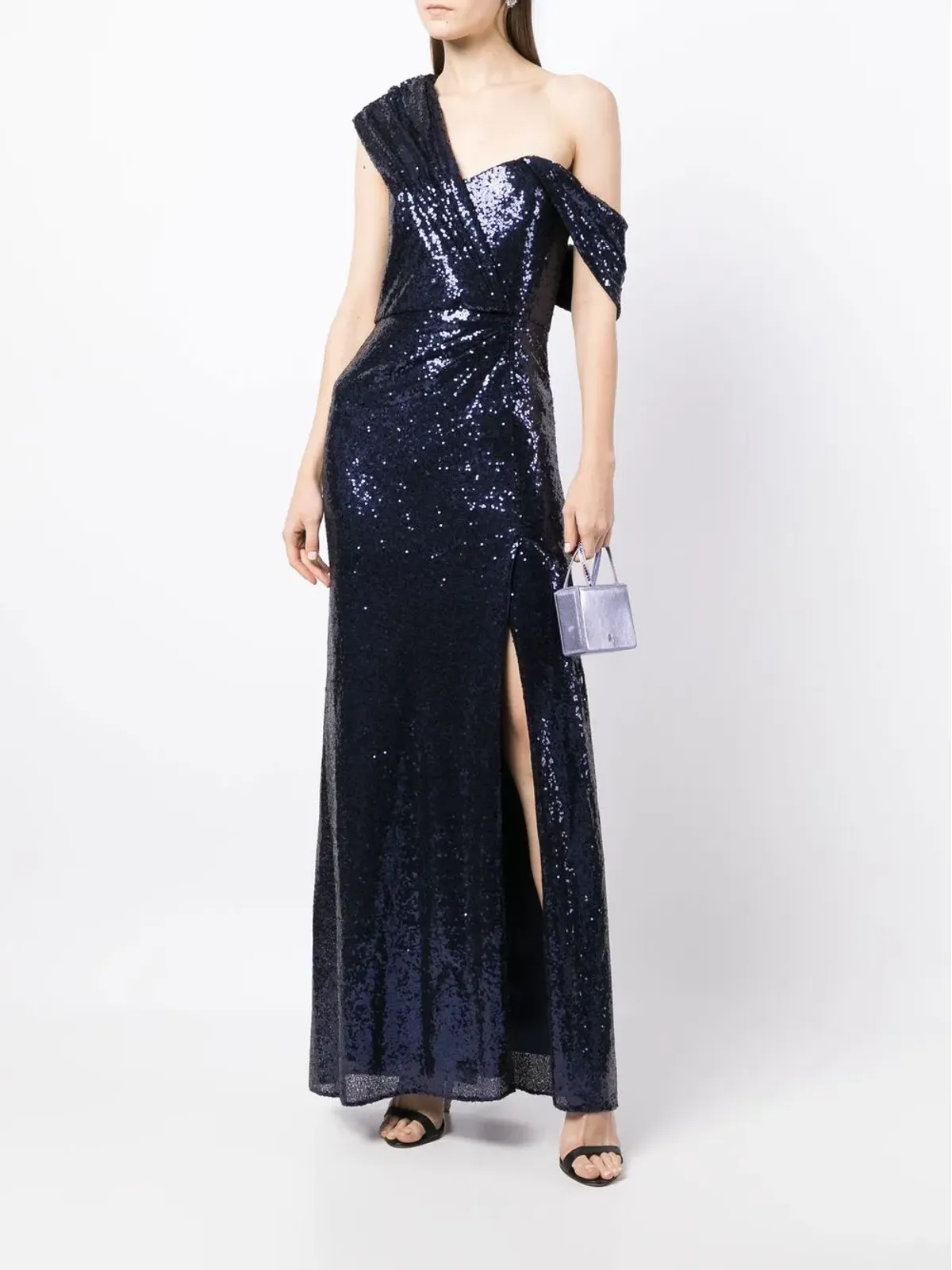 Badgley Mischka 高光沢のオフショルダーミディドレス - 画像2