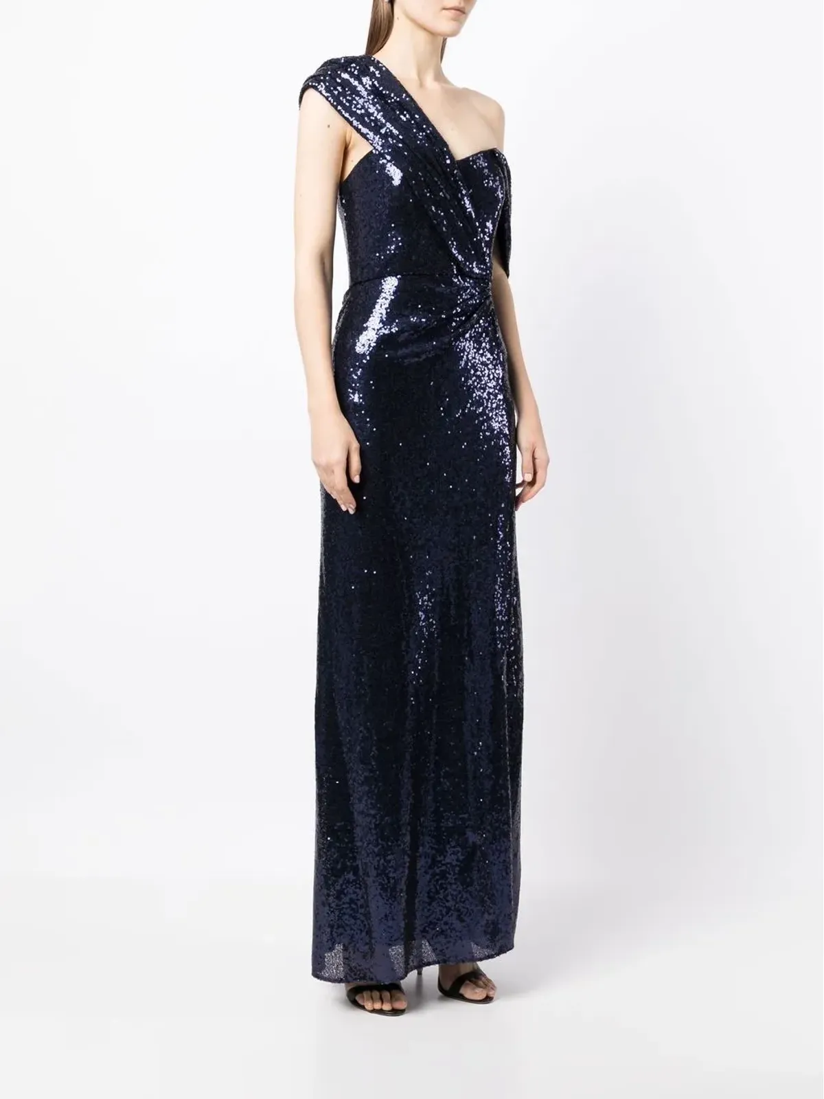 Badgley Mischka 高光沢のオフショルダーミディドレス - 画像3