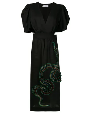 Isolda Lina 刺繍モチーフ パフスリーブ ドレス - ブラック - サムネイル1