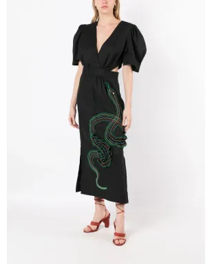 Isolda Lina 刺繍モチーフ パフスリーブ ドレス - ブラック - サムネイル2