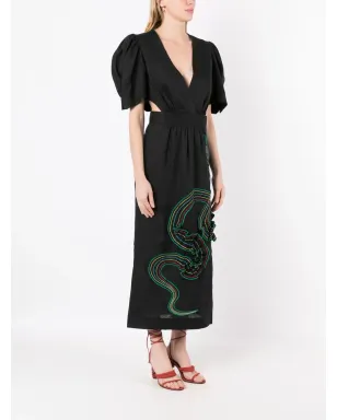 Isolda Lina 刺繍モチーフ パフスリーブ ドレス - ブラック - サムネイル3