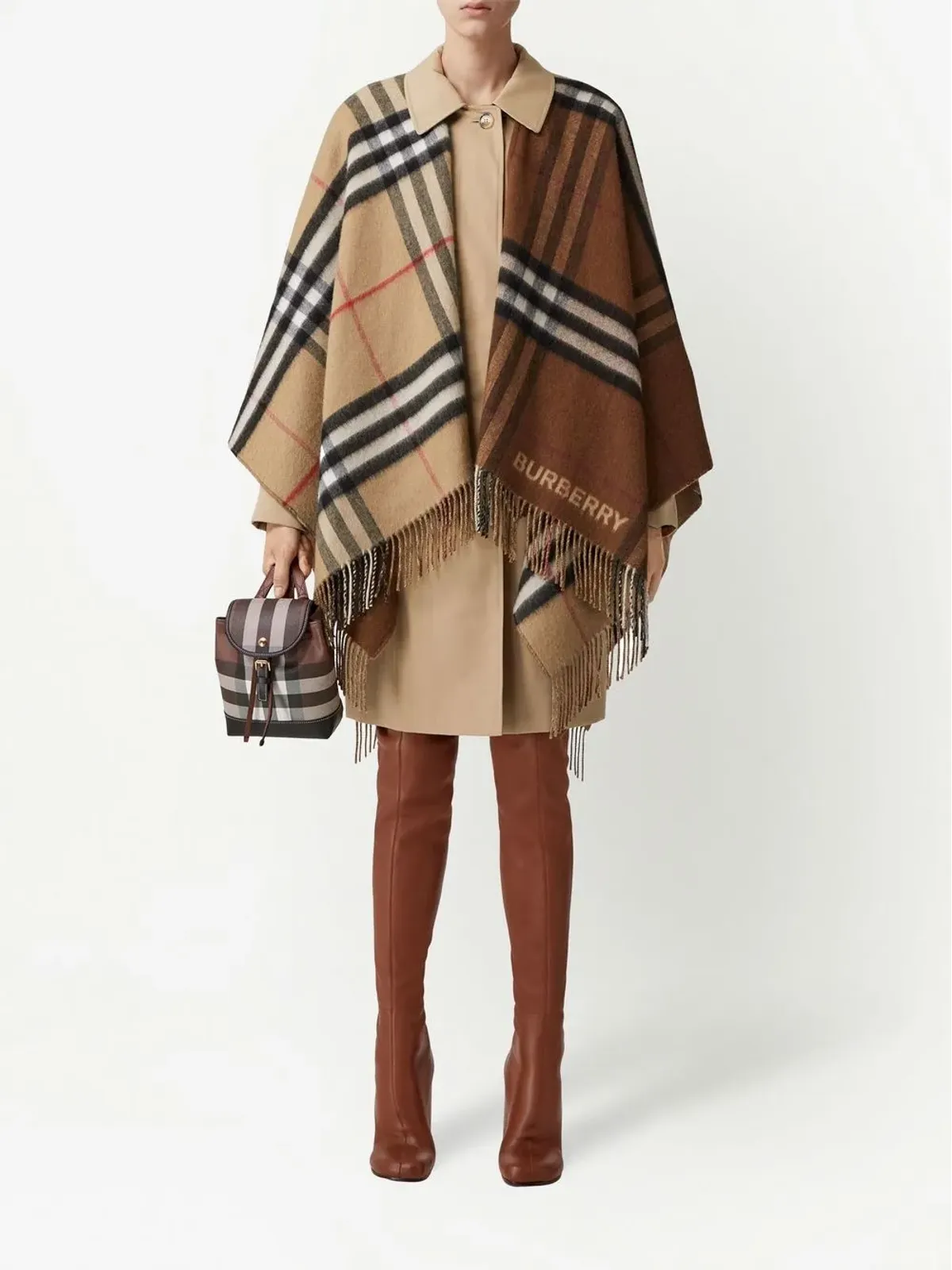 Burberry コントラストチェック フリンジ付きケープ - Brown - 画像2