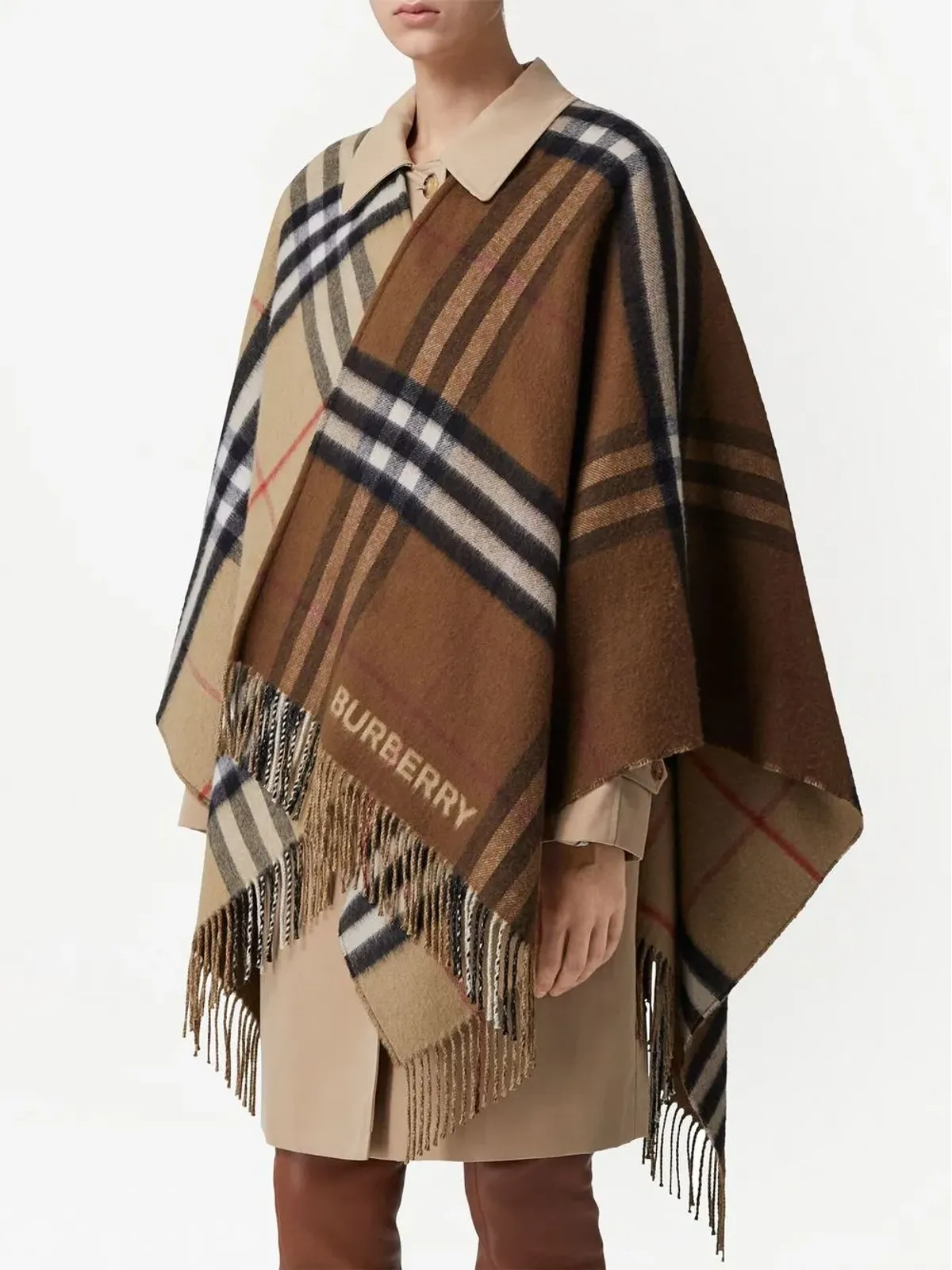 Burberry コントラストチェック フリンジ付きケープ - Brown - 画像3
