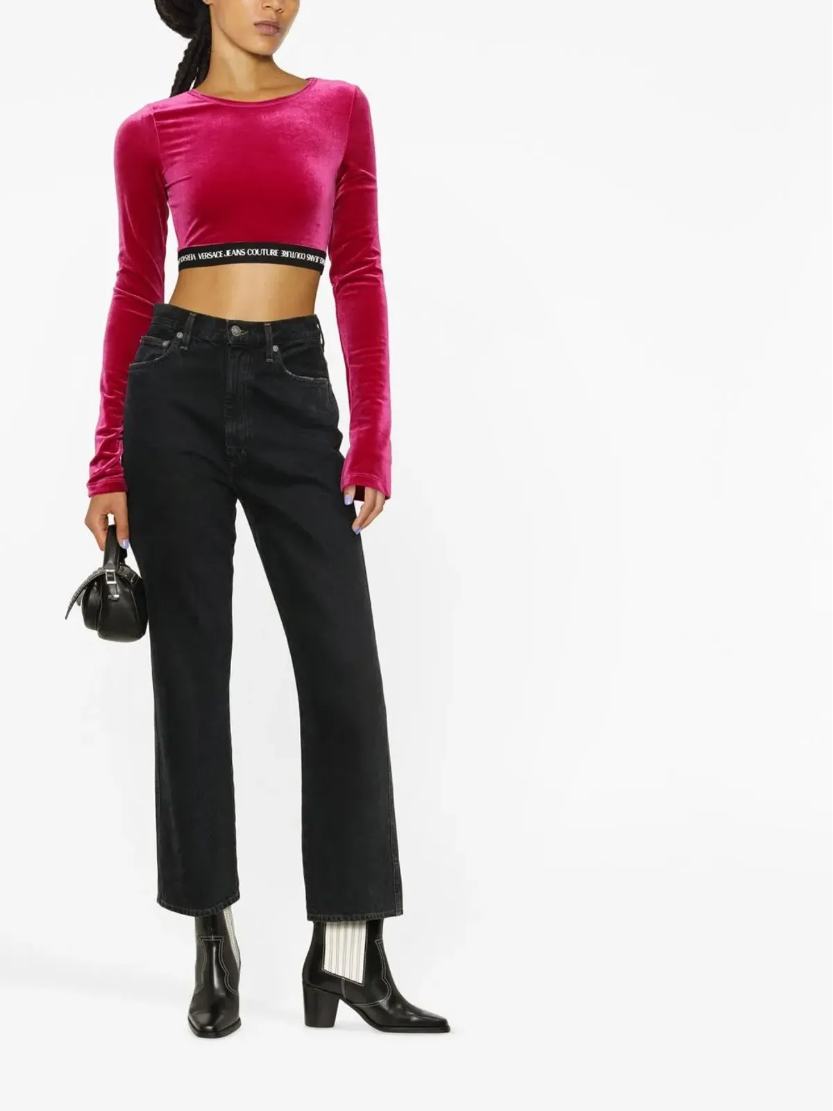 Versace Jeans Couture ロゴウエストバンド クロップドベルベットトップ - 画像2