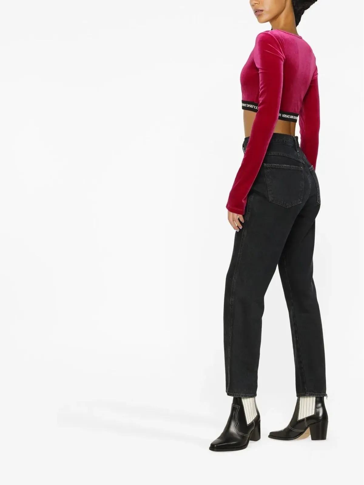 Versace Jeans Couture ロゴウエストバンド クロップドベルベットトップ - 画像4