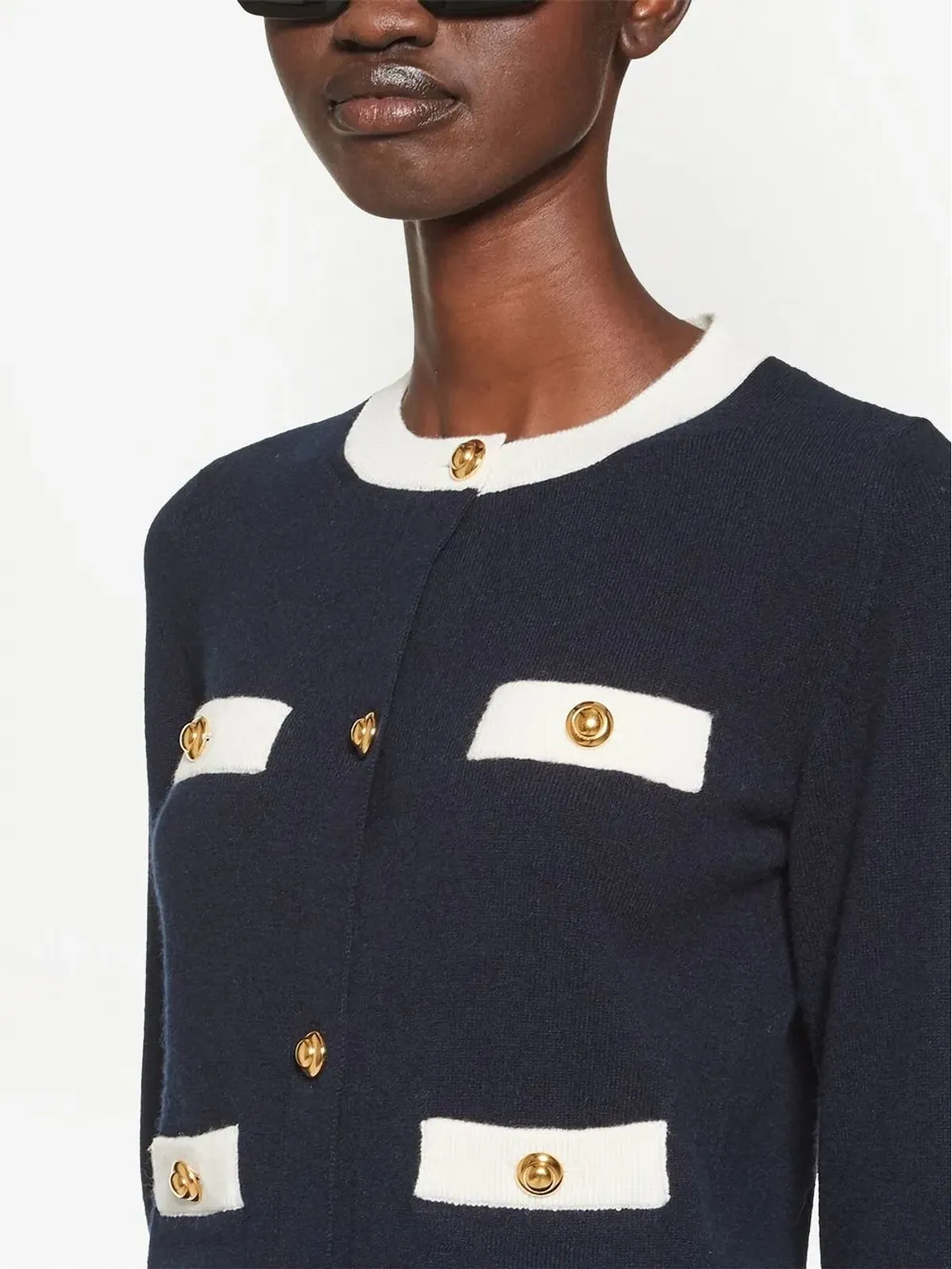 Miu Miu ツートーン カシミヤ カーディガン ブルー - 画像5