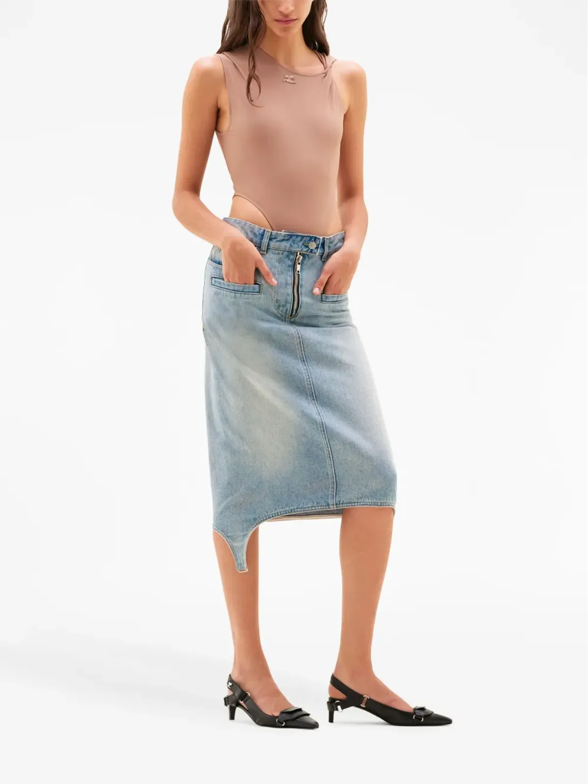 Courrèges サスペンダー付きデニムミディスカート - 画像3